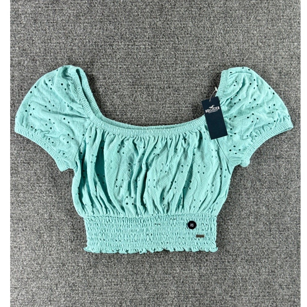 Y2K Hollister Eyelet Smocked Crop Top Mint Green XS Short Sleeve
